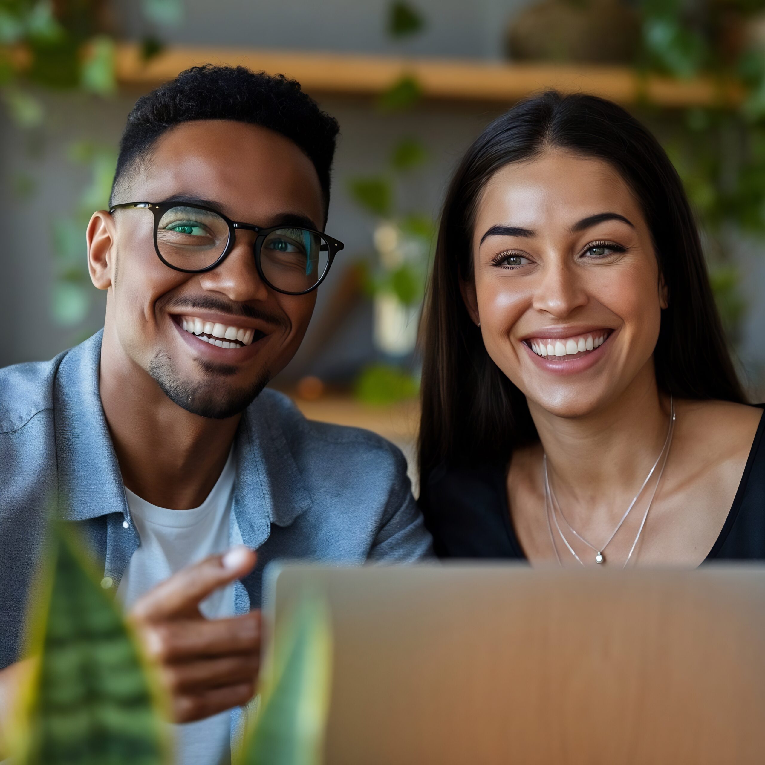 Casal sorrindo em videochamada — solução para empresas